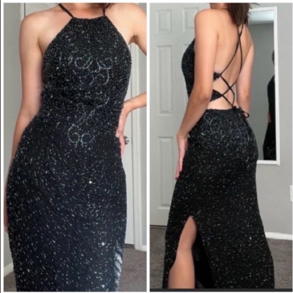 Vintage 90’s 100% Silk Dress Silk Slip Dress Beaded Dress Halter Black Maxi Prom
